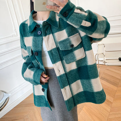 Wool Plaid Short Coat Shirt Collar Women's Loose Top Woolen Coat For Men And Women