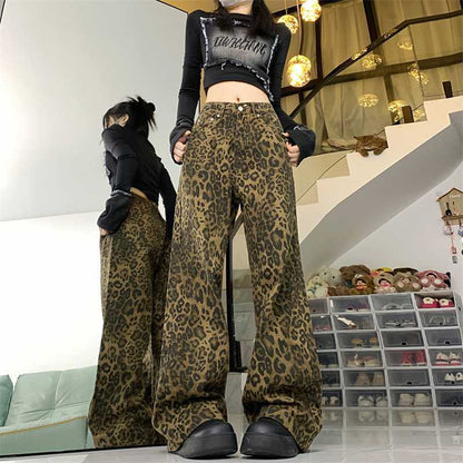 Vaqueros de pierna ancha con estampado de leopardo vintage de estilo americano para mujer