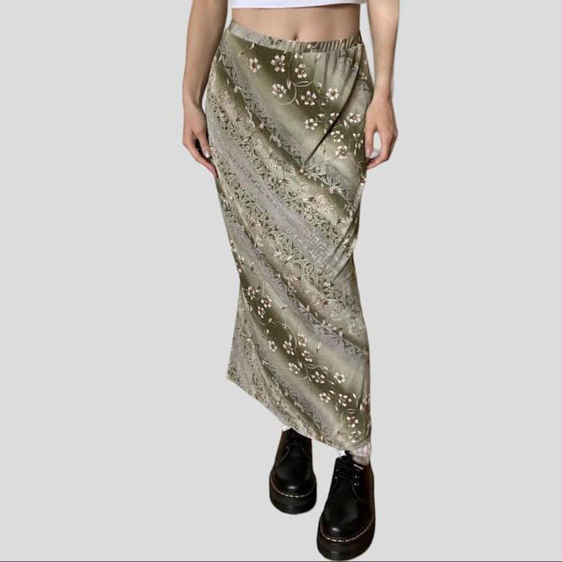 Mori Style Flower Green Leaf Printing Skirt Low Waist