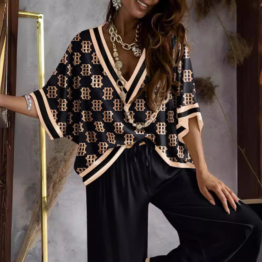 Women's Clothing Printed Batwing Sleeve Top And Wide Leg Pants Suit