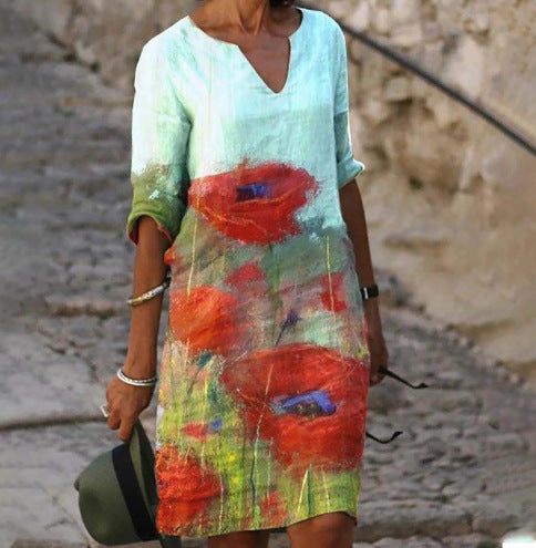 Vestido con cuello en V y estampado de hojas de flores