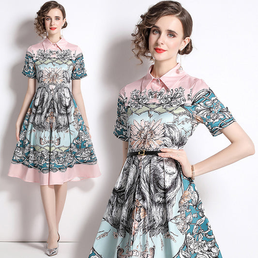 Shirt Collar Waist Three-dimensional Fluffy A- Line Pleated Hem Floral Print Dress