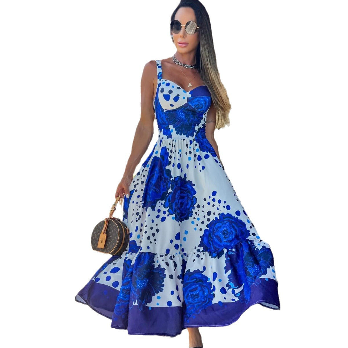 Vestido largo de mujer con tirantes estampado azul