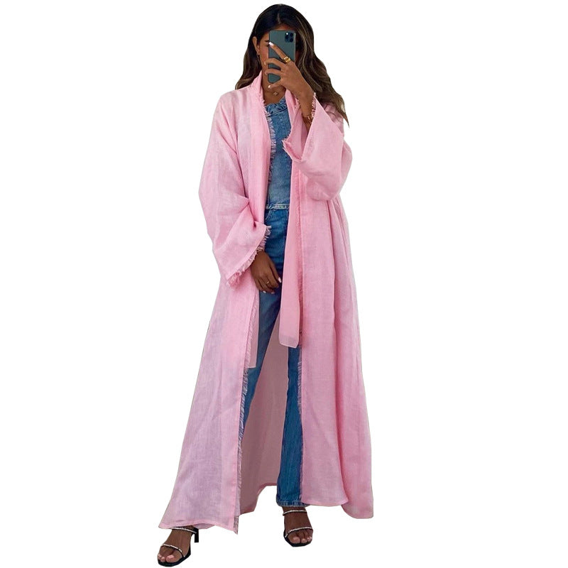 Robe longue modeste de couleur unie, mode moderne, Cardigan en coton, châle