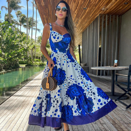 Vestido largo de mujer con tirantes estampado azul