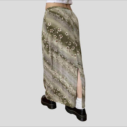 Mori Style Flower Green Leaf Printing Skirt Low Waist