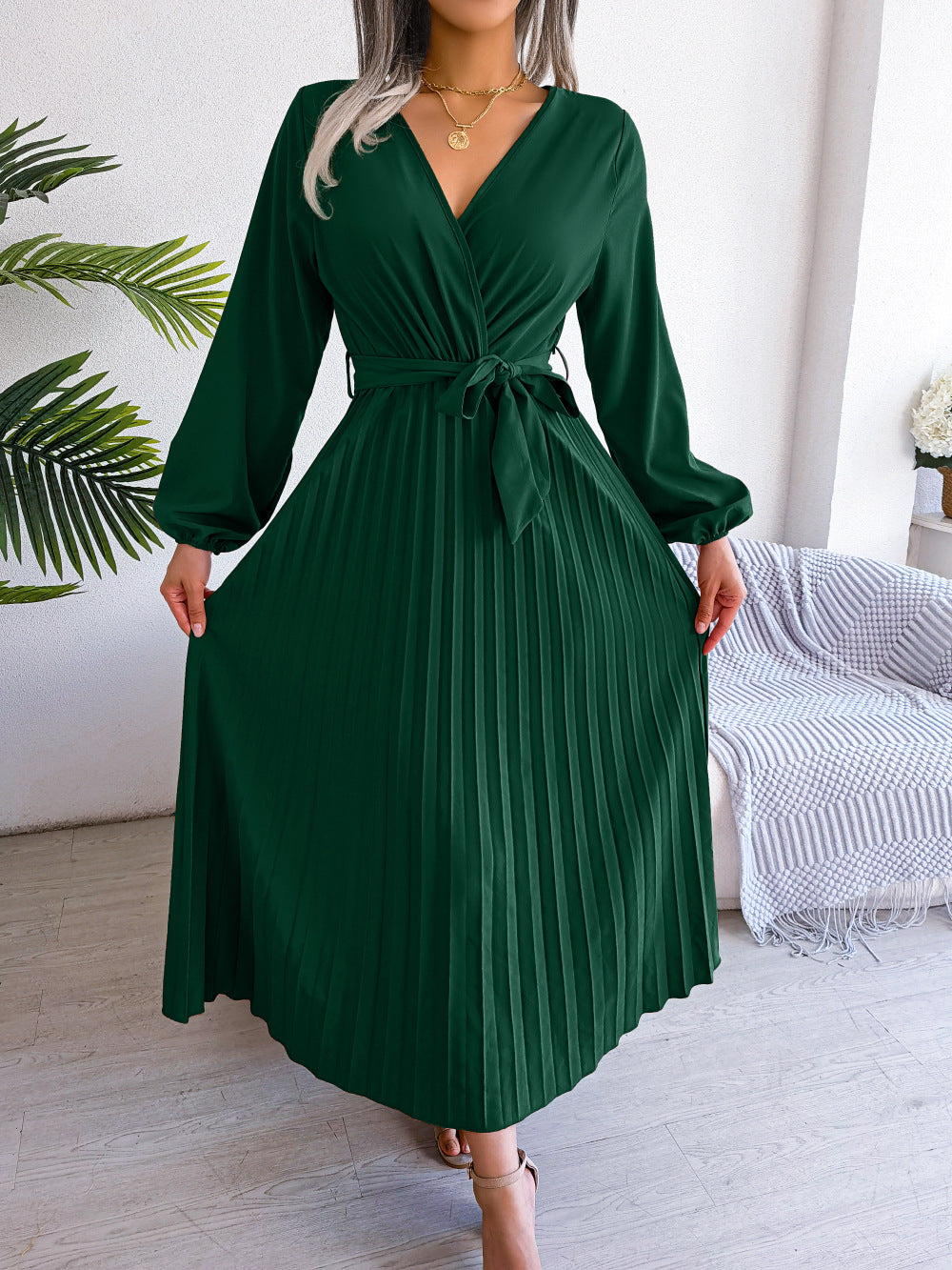 Robe de tempérament Style ethnique bohème, jupe plissée à col en v croisé