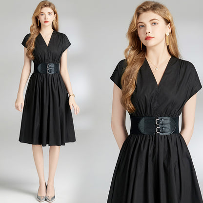 V-neck Cinched Waist Slim-fit Black Dress