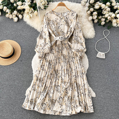 European And American Style Retro Printed Heavy-duty Pleated Dress Socialite Dress