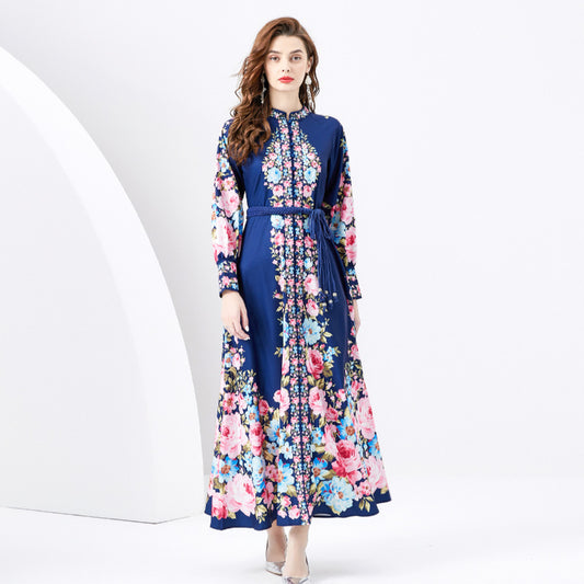 Stand Collar Single-breasted Lantern Sleeve Printed Wide Swing Long Dress