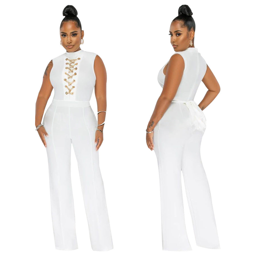 Women's Fashion Solid Color Sleeveless Stand Collar Round Neck Jumpsuit