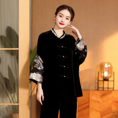 Embroidered Vintage Top Women's Stand Collar Improved Loose