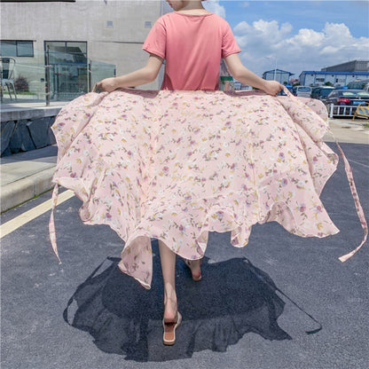 Jupe florale Style vacances, robe en mousseline de soie, une pièce à volants