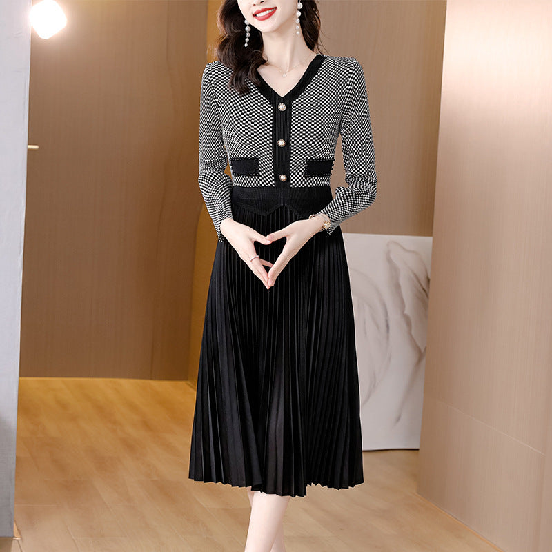 Fold Elegance Retro Color Contrast Patchwork Dress