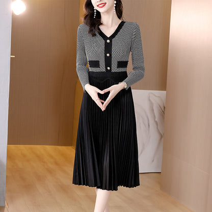 Fold Elegance Retro Color Contrast Patchwork Dress