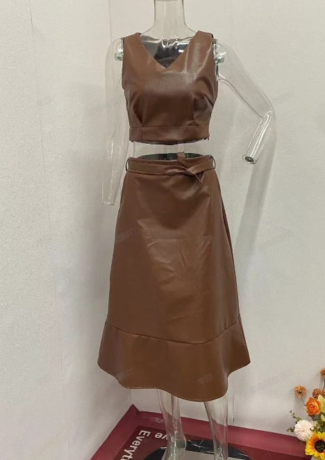 Traje De Falda De Cintura Alta Con Top Sin Mangas De Cuero De Moda