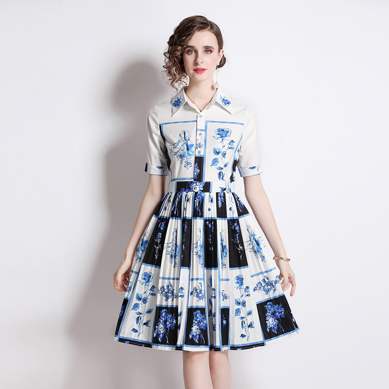 French Retro Printed Shirt Dress