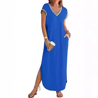 Women's Short-sleeved Dress V-neck Slit Loose