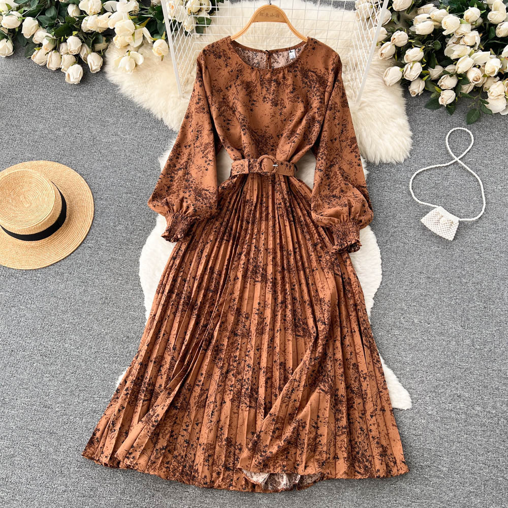 European And American Style Retro Printed Heavy-duty Pleated Dress Socialite Dress