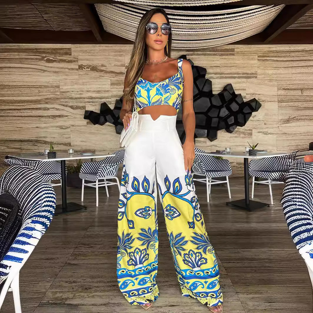 Yellow Printings Sling High Waist Women's Long Jumpsuit