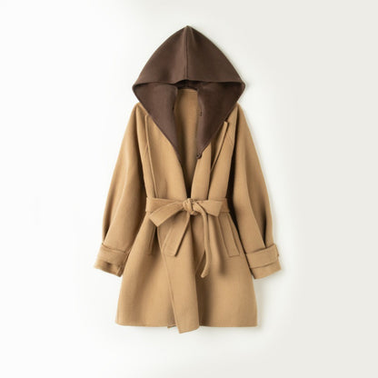 Women's Fashion Retro Contrast Color Mid-length Wool Overcoat