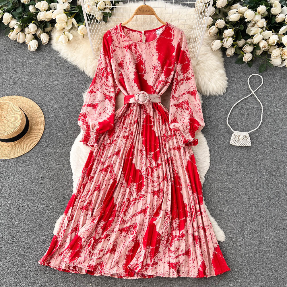 European And American Style Retro Printed Heavy-duty Pleated Dress Socialite Dress