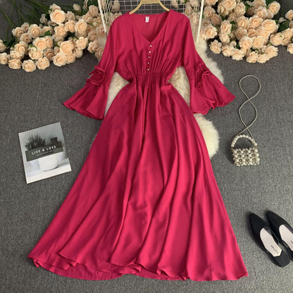 Square Collar Hepburn Style Short Sleeve Waist-controlled Slimming Pleated Dress