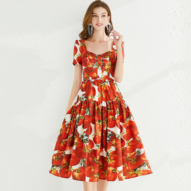 Robe dos nu à col carré rétro, couleur fleur rouge tomate, grande balançoire