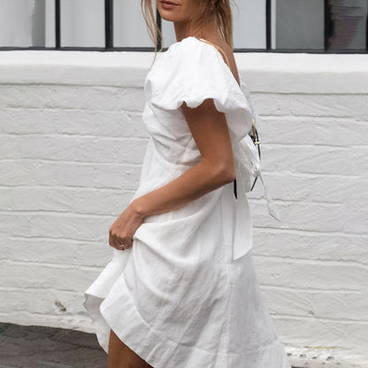 Vestido corto con mangas abullonadas y cuello en V para mujer a la moda