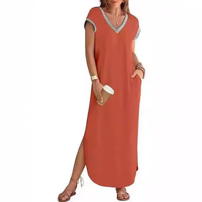 Women's Short-sleeved Dress V-neck Slit Loose