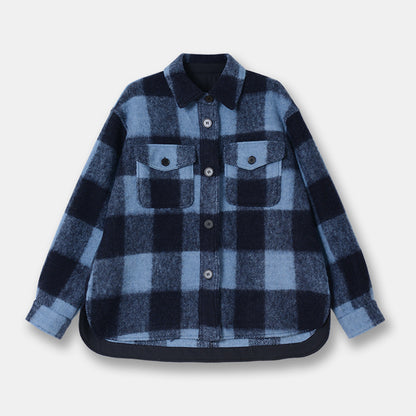 Wool Plaid Short Coat Shirt Collar Women's Loose Top Woolen Coat For Men And Women