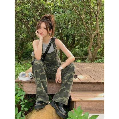 American Camouflage Shoulder Strap Jeans Women