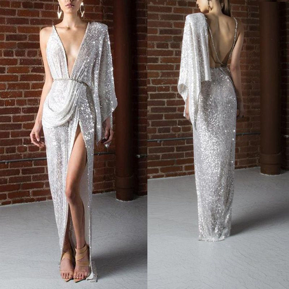 Robe dos nu à paillettes et coutures, robe sexy fendue à col en V