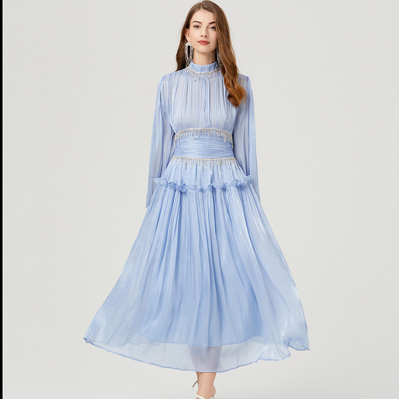 Pleated Waist Tight Long Puff Sleeve Dress