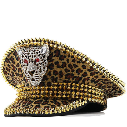 Grand chapeau rond à rivets léopard pour femmes, chapeau boule Punk Hip Hop