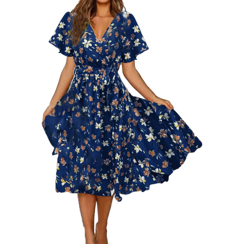 Women's V-neck Short Sleeve Printed Waist-controlled Dress Women