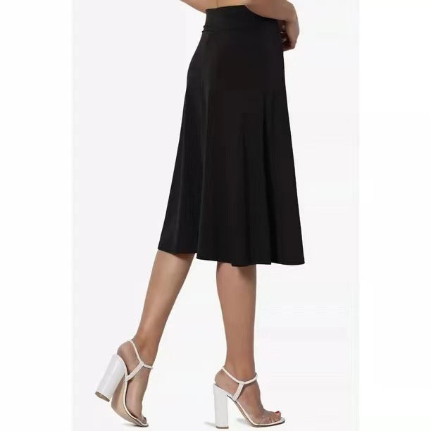 Women's Flared Elastic Midi Skirt High Waist Skirt