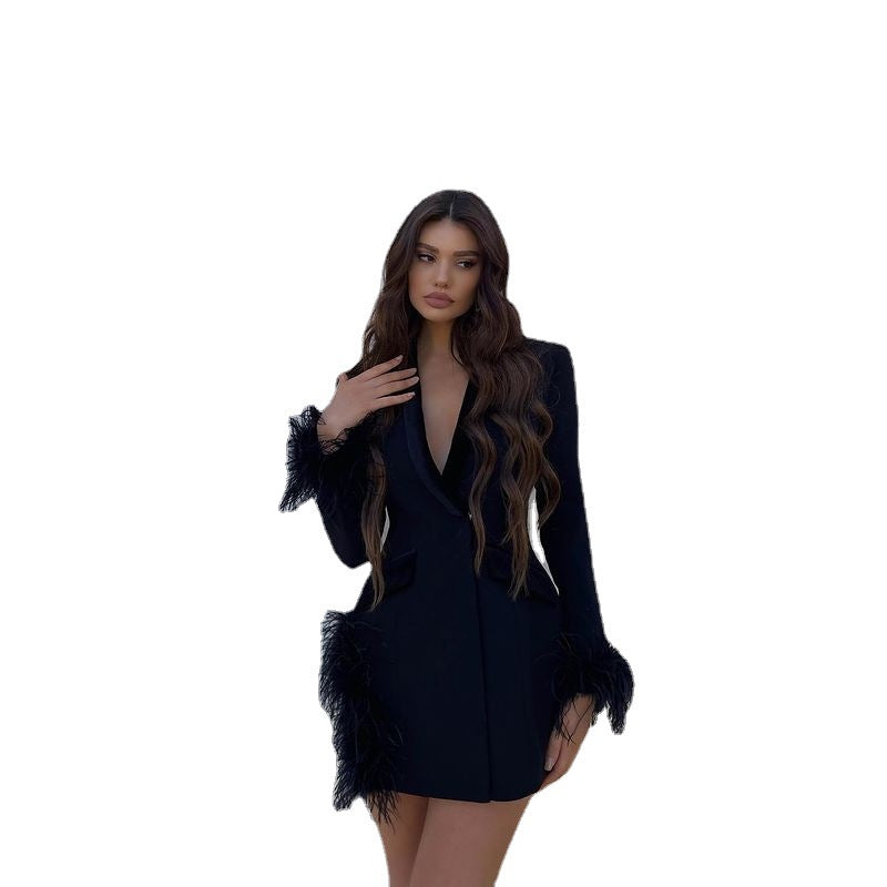 Women's Fashion Long Sleeve Ostrich Feather Deep V Dress