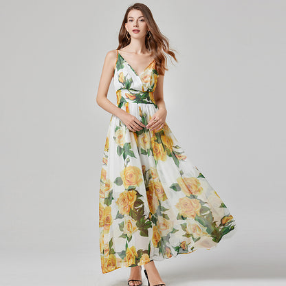 Printed Sling Chiffon High Waist Dress