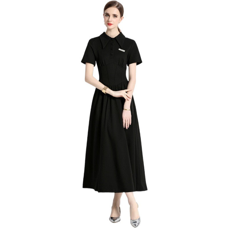 Mode col Polo couture robe noire légèrement Mature français taille serrée longue