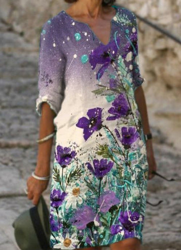 Vestido con cuello en V y estampado de hojas de flores