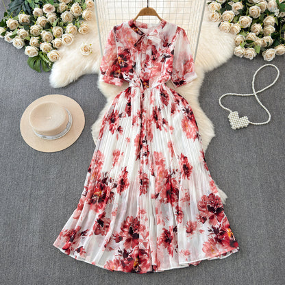 Lace-up Bow Collar Slim Fit Long Large Hem Chiffon Vacation Skirt