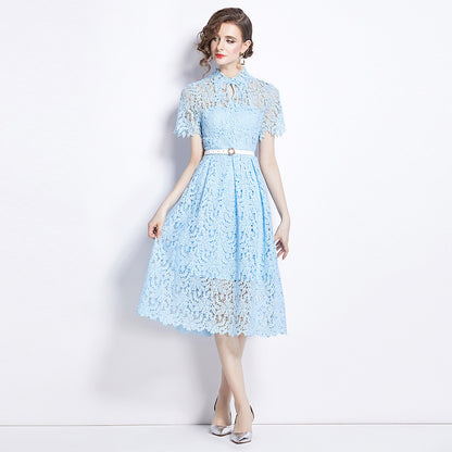 Blue Water Soluble Lace Uneven Collar Dress