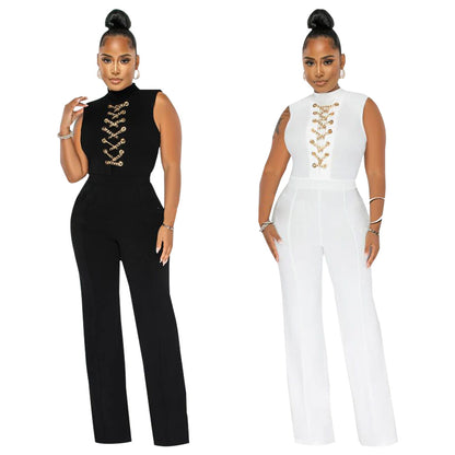 Women's Fashion Solid Color Sleeveless Stand Collar Round Neck Jumpsuit