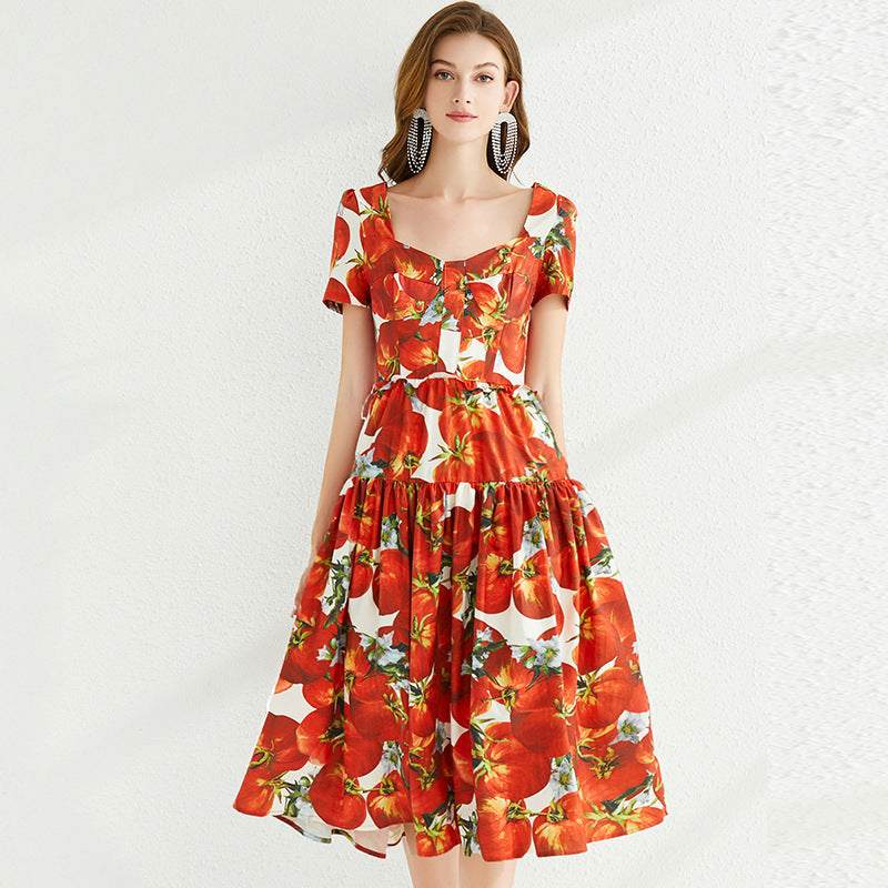 Robe dos nu à col carré rétro, couleur fleur rouge tomate, grande balançoire