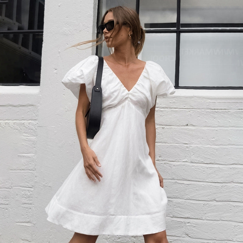 Vestido corto con mangas abullonadas y cuello en V para mujer a la moda