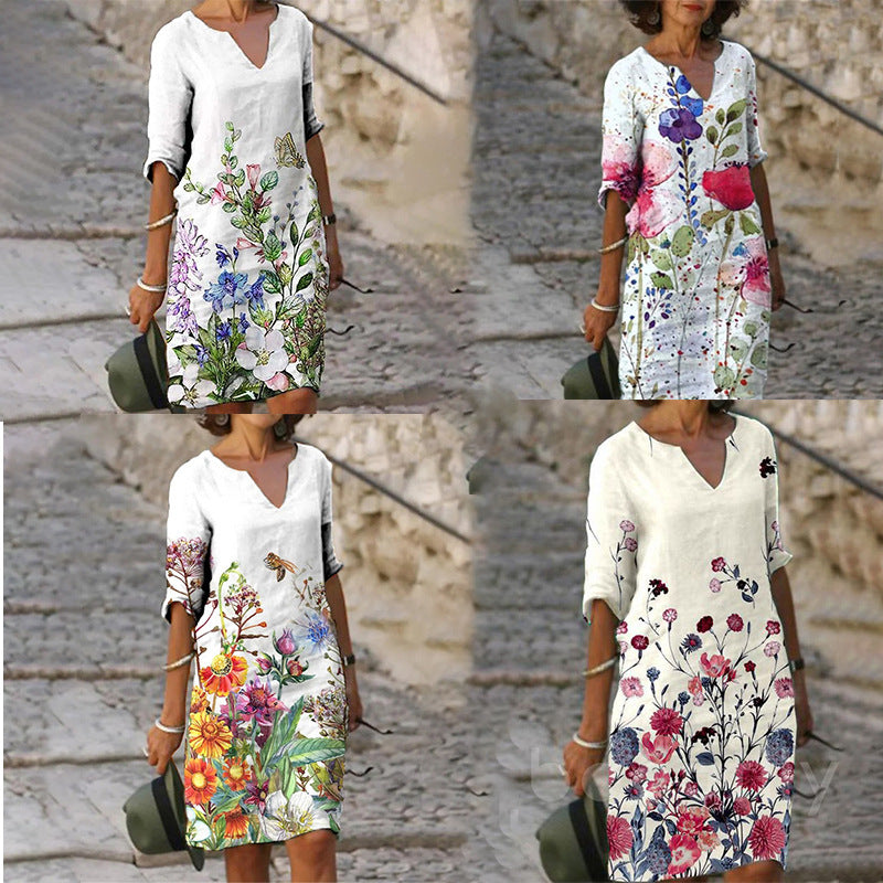 Vestido con cuello en V y estampado de hojas de flores