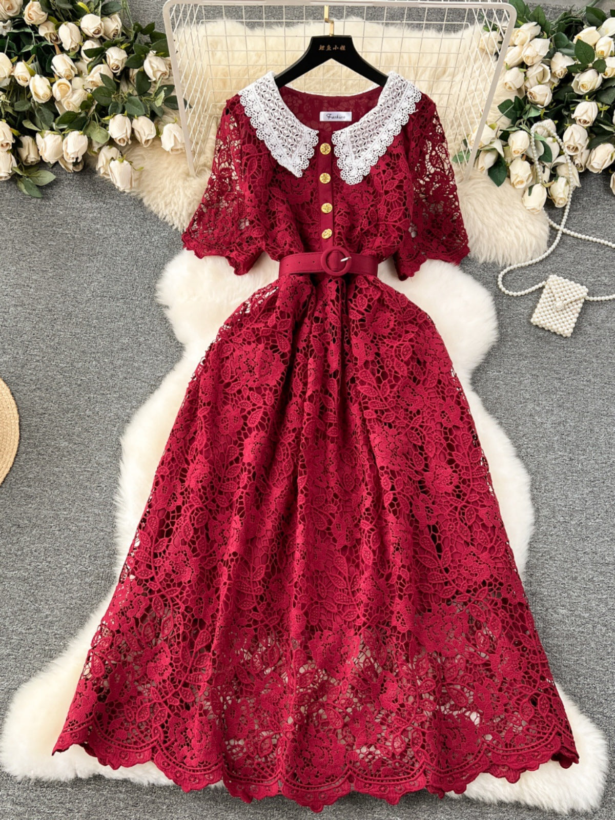 Sweet Contrast Color Doll Collar Breasted Slim-fit Mid-length Lace Dress