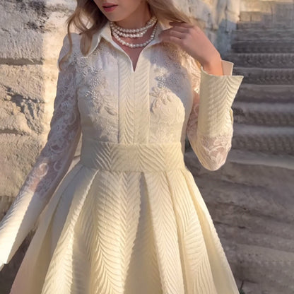 Vestido ajustado de manga larga estilo francés Retro con cuentas de flores en el pecho delantero blanco europeo y americano