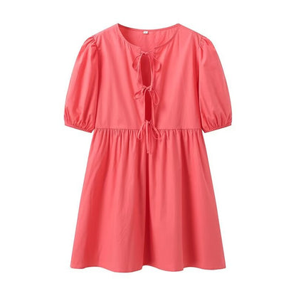 Lacing Mid-length Solid Color Shirt Dress Women